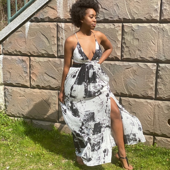 Black White Marble Print Maxi Dress Size XL - Picture 2 of 4